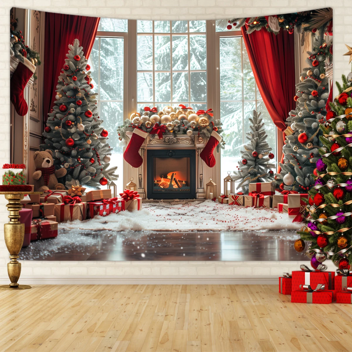 

Рождественская сцена окна, настенный гобелен, зимняя страна чудес, декор комнаты, праздничное украшение дома, уютный рождественский декор стены