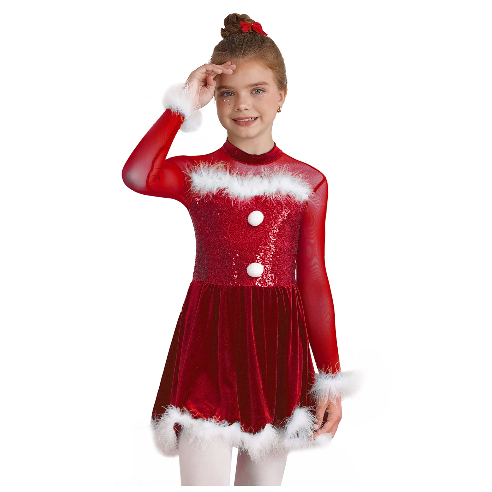 

Christmas Kids Girls Shiny Sequin Dance Dress Long Sleeve Fluffy Feather Keyhole Back Jumpsuit Dress Xmas Theme Party Costumes