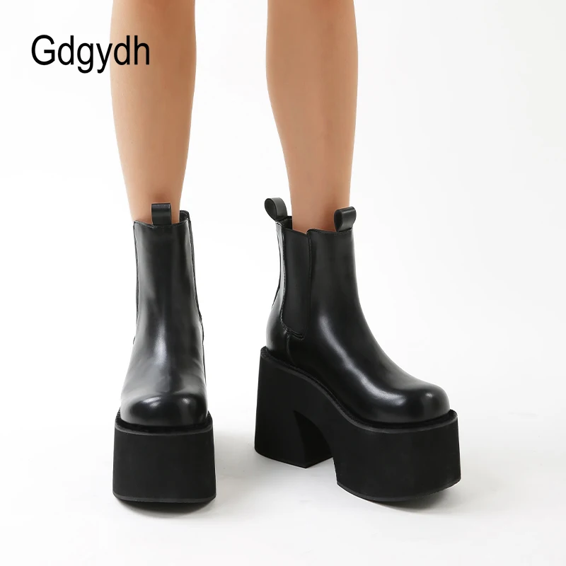 Gdgydh Minimalist Slip On Platform Chelsea Boots Chunky Heeled Boots for Women Faux Leather Brown Strech Comfy Ankle Booties