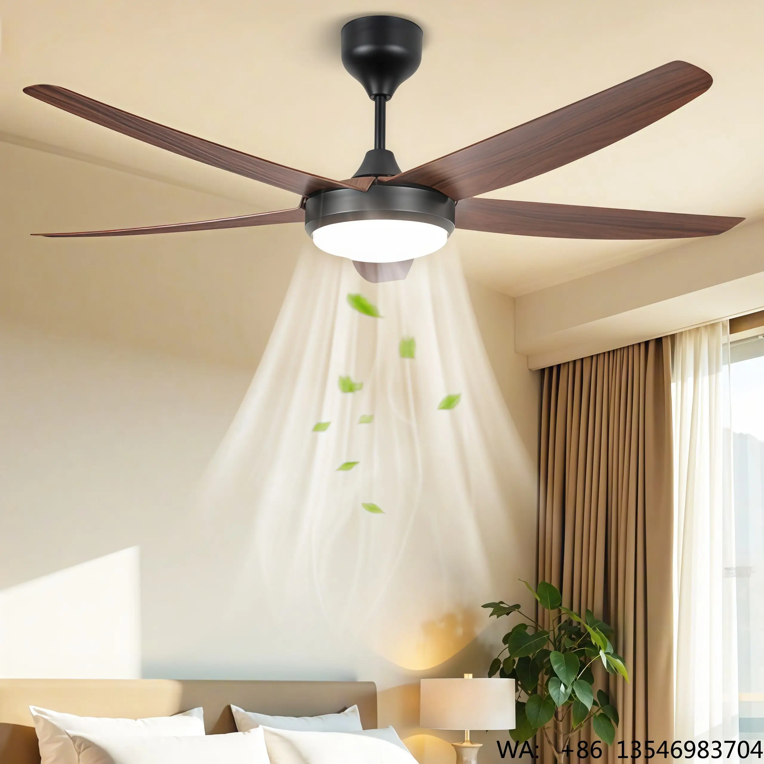 Modern 56 Inch Inverter DC Motor Metal Ceiling Fan Light +Tricolor+RPM195/M+5-Blade +Remote Control+Silent 6-Speed LED Fandelier