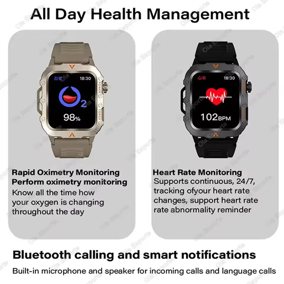 New for Outdoor Smartwatch Military Smart Watch Men with Led Lighting Bluetooth Call Fitness Heart Rate Watches
