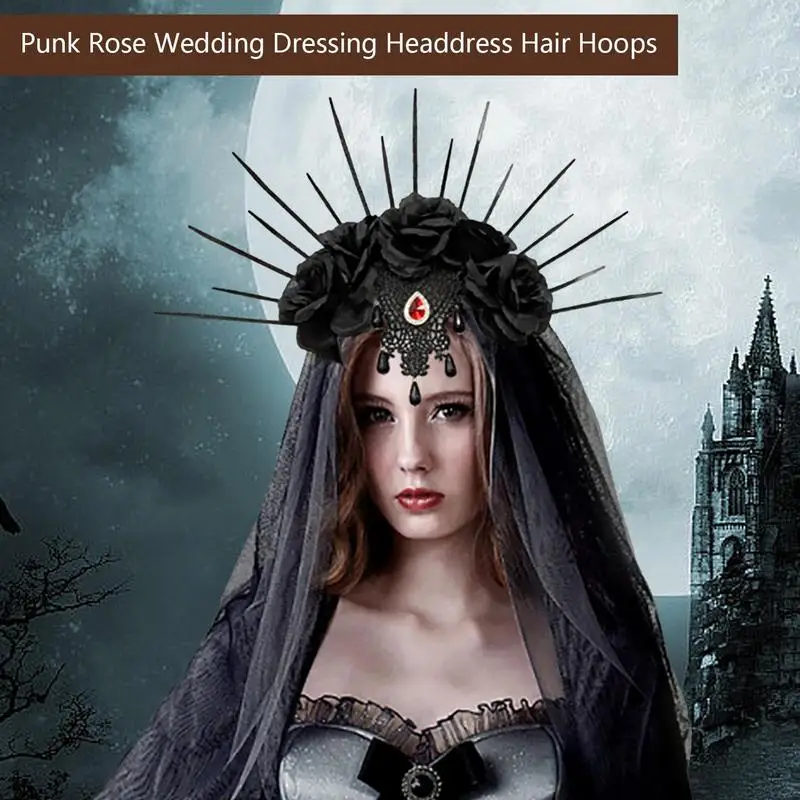 Halloween Wedding Dress Up Veil Headband Gothic Crown Mesh Black Rose Retro Europe And America Dress Up Christmas Role Play