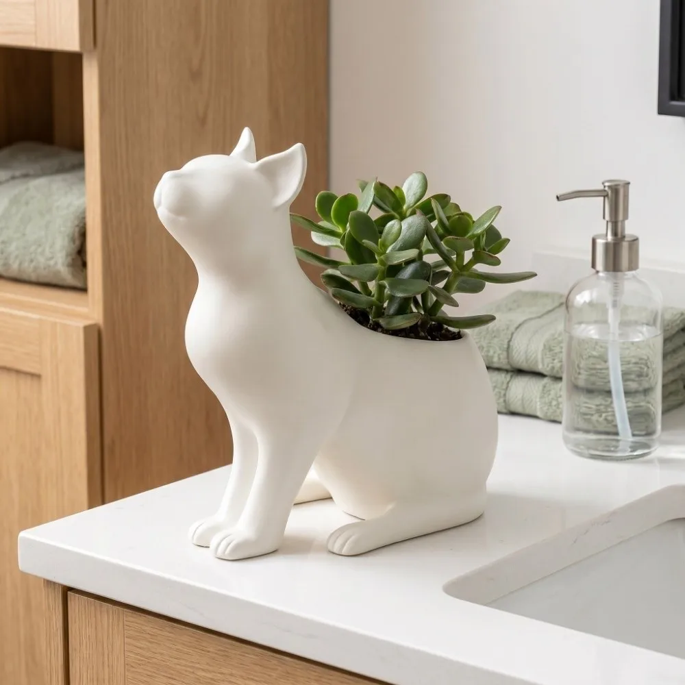 Irregular Shape Cat Plant Pot 3D Printed Standing Cat-Shaped Flowerpot Ornaments Plastic Desktop Decoration Desk Room Decor
