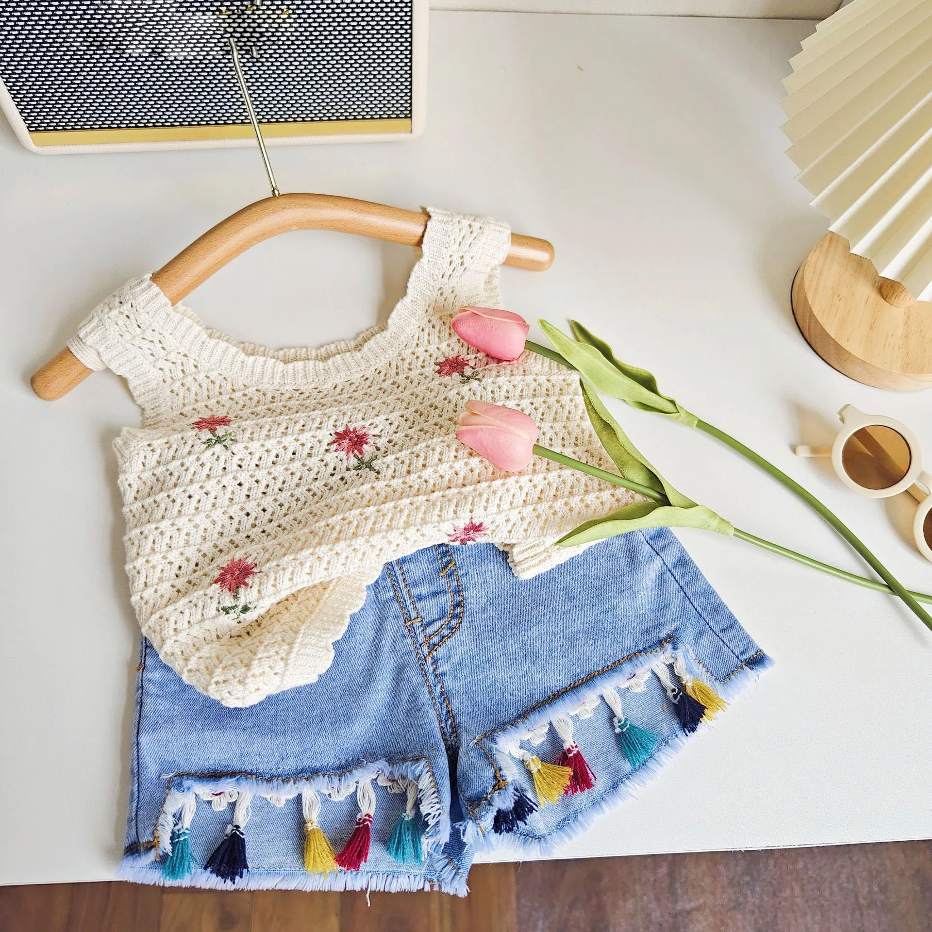 2023 Summer Girls\' Clothing Sets Cute Flower Knitted Tank Top+Fashion Street Style Tassel Denim Shorts Baby Kids Two Piece Set