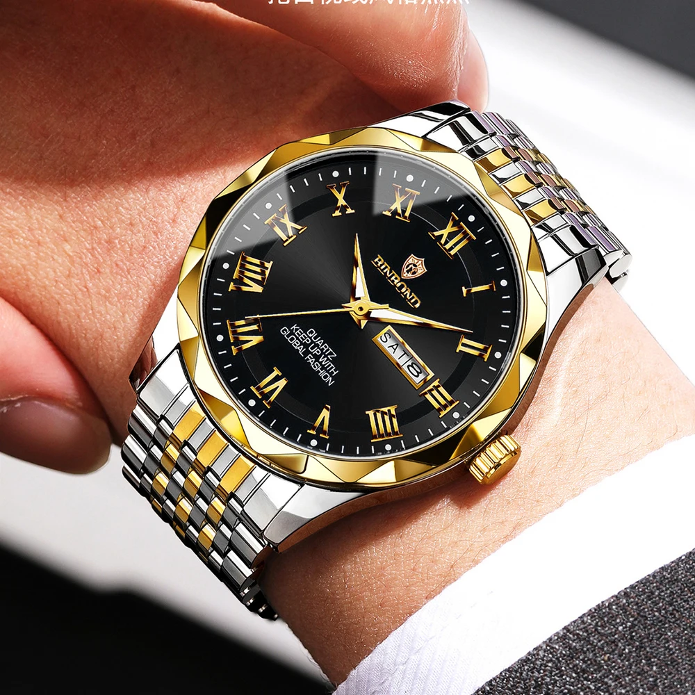 BINBOND Luxury Men's Wtches Business Fashion Original Quartz Watch for Man Roman Dial Rhombus Bezel Waterproof Luminous Date New