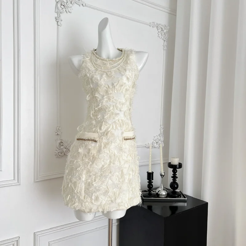 

French Sleeveless Tassel Sweet Short Dress Women's Fashion Round Neck Pearl Wedding Party Small Fragrance Female Vest Dress