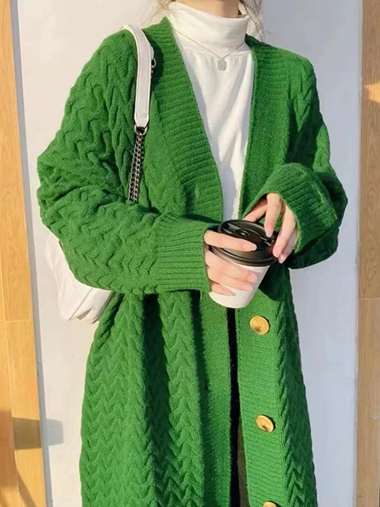 

SURE XIAO STORY 2025 Женский длинный вязаный кардиган - элегантный офисный свитер с открытым верхом, корейский свободный повседневный длинный кардиган