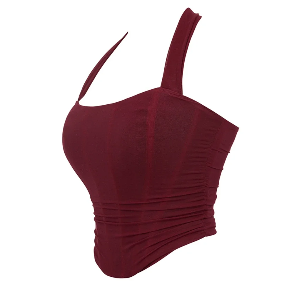 Corsets Overbust Breathable Mesh Pleated Halter Adjustable Crop Top Women Bustiers Sexy Corselet Off Shoulder Tank Top