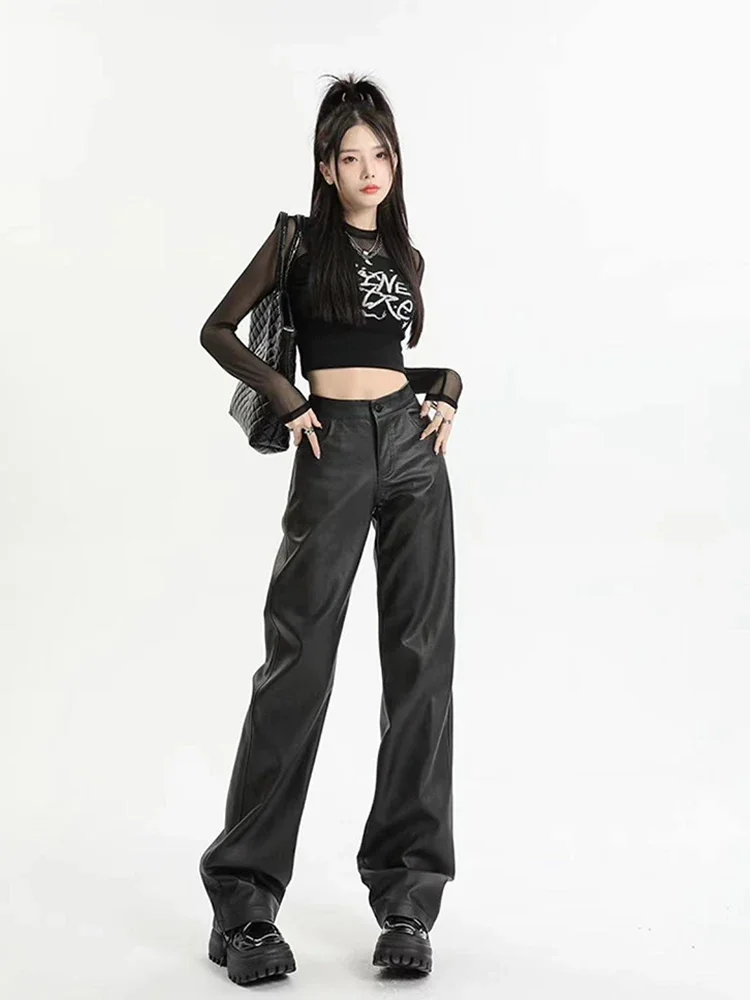 High Waist Matte Leather Pants Women Vintage Faux PU Loose Trousers With Pocket Ladies Casual Floor Length Pants Custom Clubwear