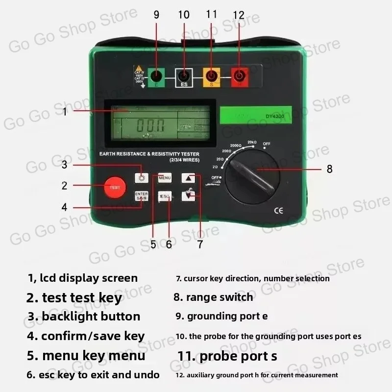 DY4300 Digital Ground Resistance Tester | 0~20.99kΩ Soil Resistivity Meter for Electrical Earth Testing