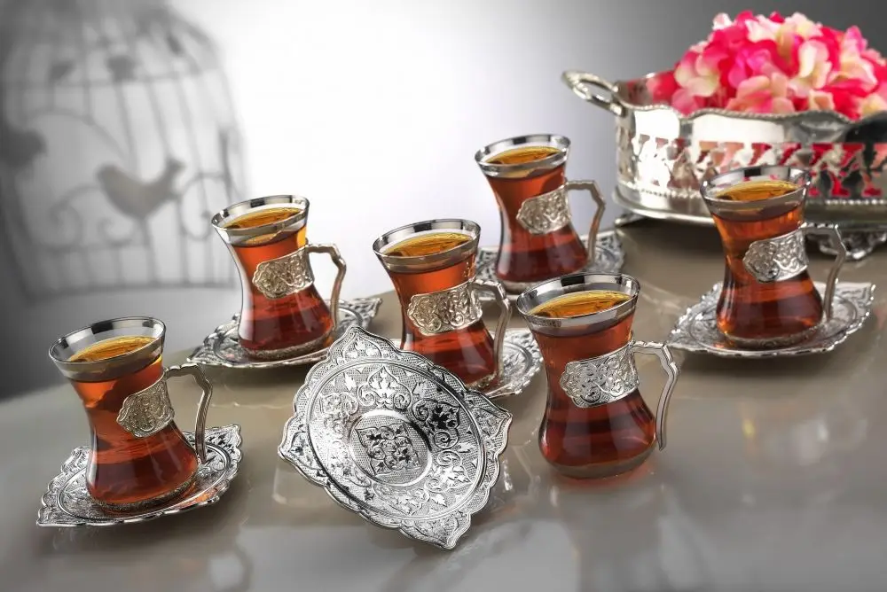 LaModaHome Turkish Arabic Tea Glasses Set of, Fancy Vintage Handmade Set for Serving, Teatime, new Home Wedding Gift Silver Plated