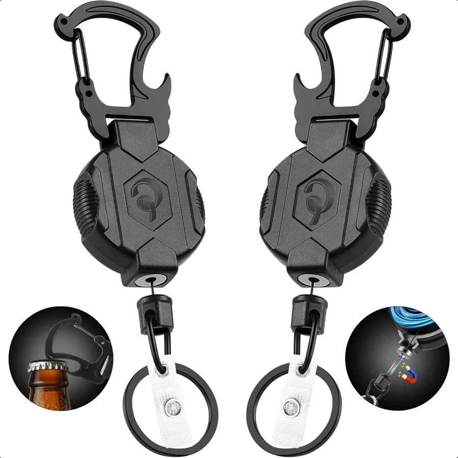 

2 Pack Retractable Keychain Heavy Duty Carabiner Badge Holder with Magnetic Closure Tactical ID Badge Reel for Men with 32 Stee