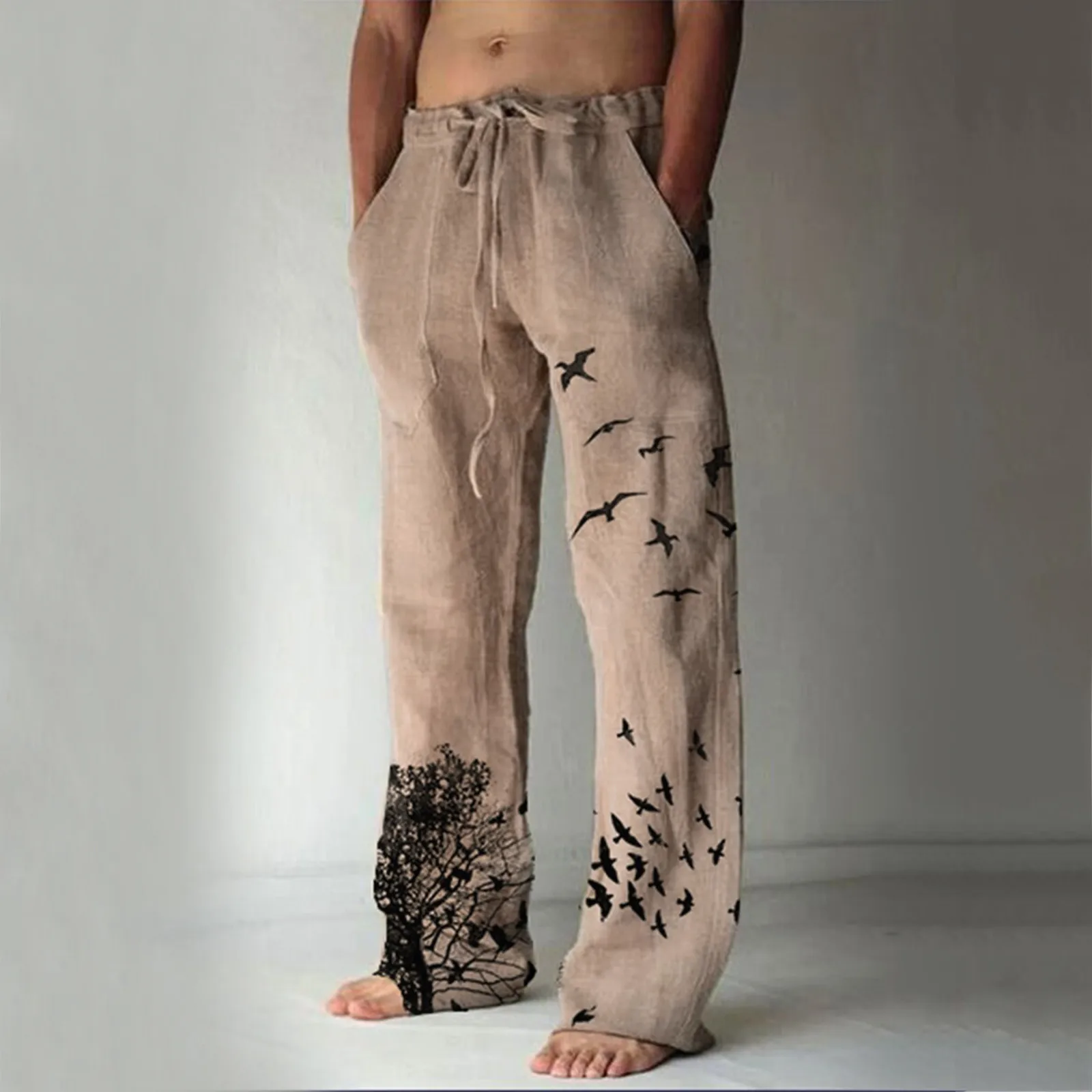 Men's Cotton Pants Summer New Breathable Tree&Bird Print Drawstring Linen Trousers Fitness Streetwear Male Daily Casual Pants