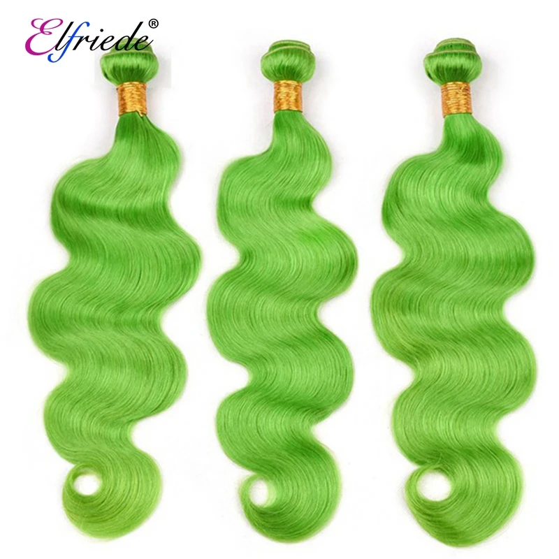 Elfriede # fasci di capelli precolorati con onda del corpo verde con trame di capelli umani Remy frontali al 100% 3 fasci con frontale in pizzo 13x4