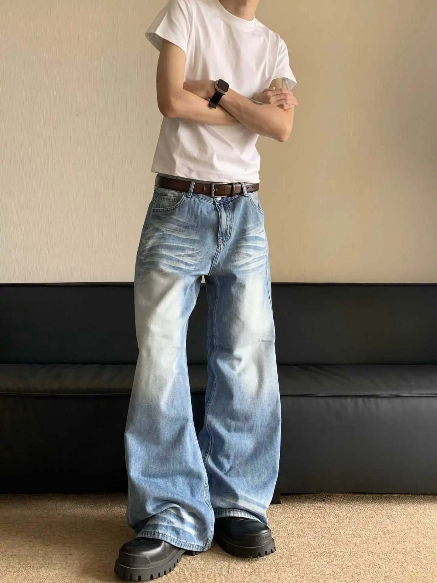 

Vintage Men's Baggy Jeans Casual Trousers New Streetwear Wide Leg Loose Denim Pants Fashion Distressed Straight Cargo Pants