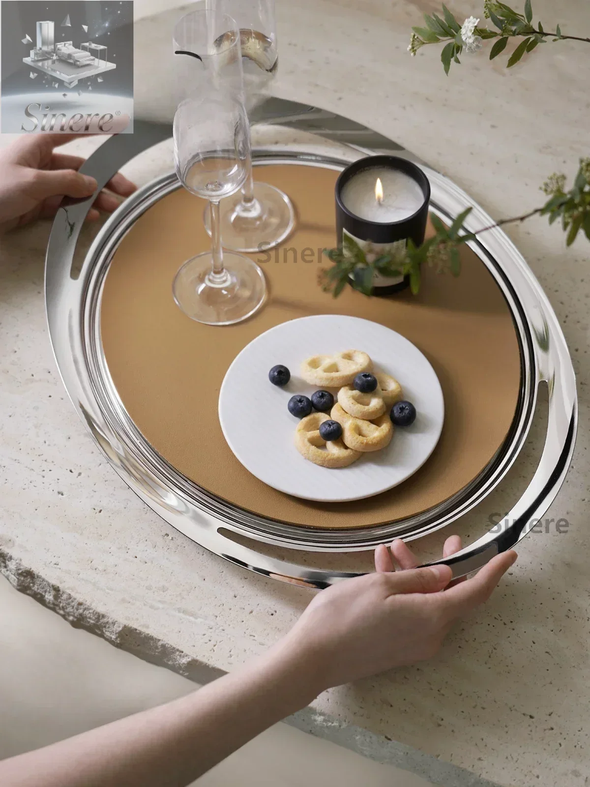 

LamomeDeco Italian stainless steel mirror tray light luxury high-end fruit tray breakfast afternoon tea storage tray