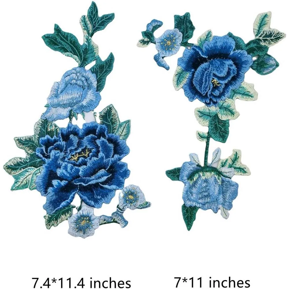 1 Pair Blue Peony Flower Patch Applique Sew On Embroidery Repair For DIY Clothing, Jeans Crafts