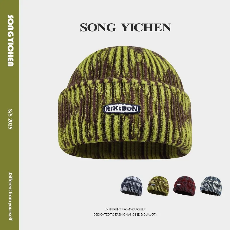 

Korean Retro Contrasting Striped Knitted Beanies for Women Autumn and Winter Warmth Street Trend Versatile Yuppie Men's Hats