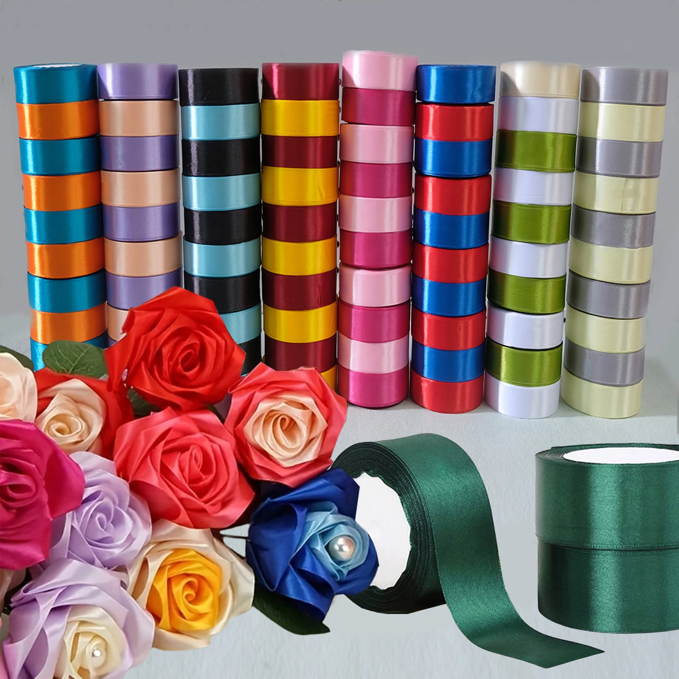 25 yardas/rollo de cintas de satén de 4cm, lazo artesanal, envoltura de regalo DIY, vino, rojo, naranja, amarillo, verde, azul, púrpura, negro, gris, dorado, blanco