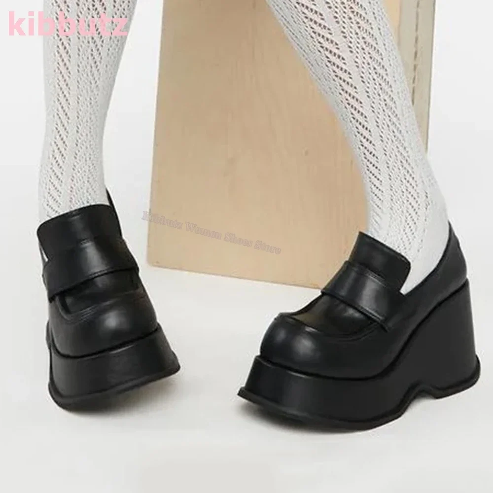 Wedges Platform Pumps Super High Fashion Elegant Sexy Concise Round Toe Genuine Leather Solid Color Slip-On Women Shoes Newest