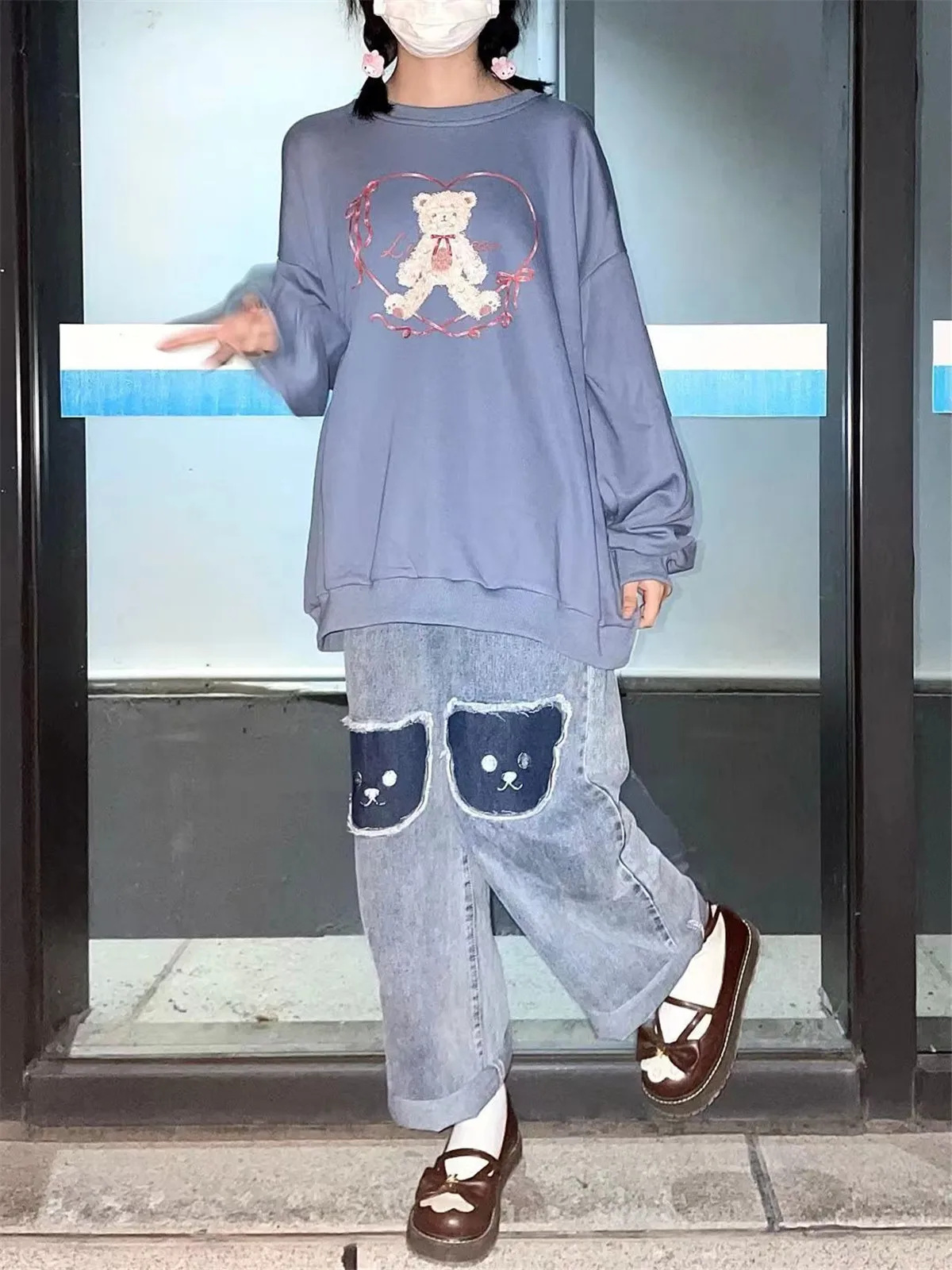 Cool lindo Hip Hop oso Jeans niñas Cool Harm pantalones Mujer Punk alta cintura Denim holgado INS otoño Harajuku Jeans Mujer