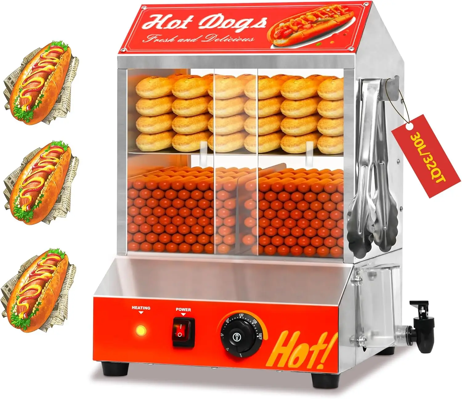 Steamer, 2-Tier Stainless Steel Hot Dog Hut Steamer with Bun Warmer, Electric Hot Dog Bun Steamer with Sliding Door and Clip, Ho