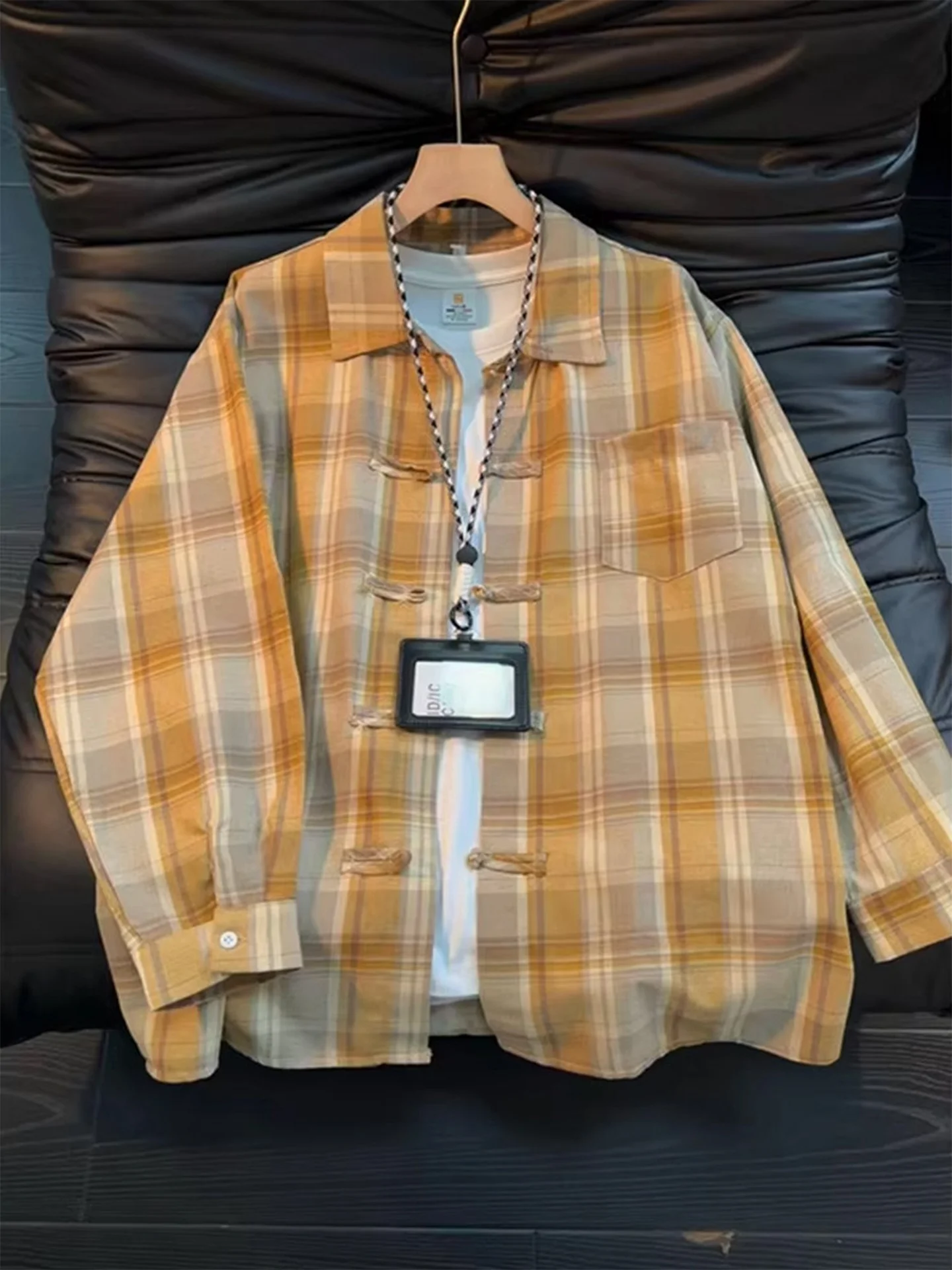 

New Chinese Sle Long Sve irt Men's Buttoned Plaid Youth Spring Casual Faion Polyester Fiber Breathable Comfortable