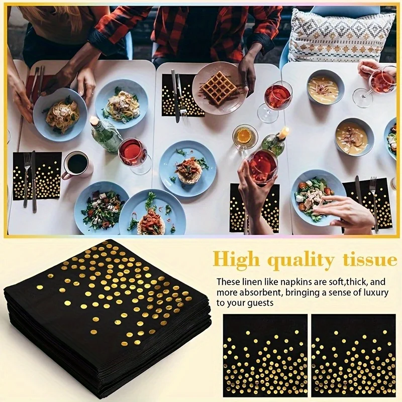 20/40/80 Packungen Weiße und Schwarze Papier-Cocktailservietten mit Goldfolie-Polka-Dots, Partyzubehör für Tischdekoration – Detail 1
