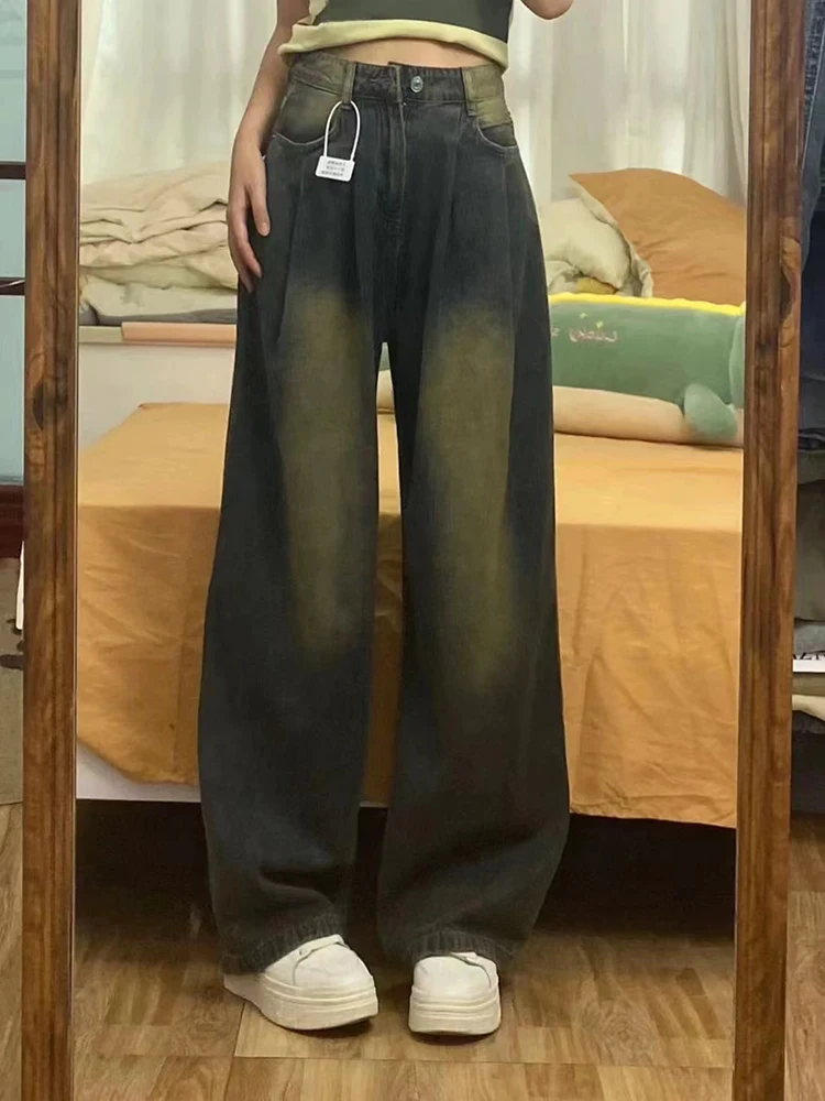 Vintage Brown Women Wide Leg Jeans Y2K Fall High Waist Streetwear Loose Denim Pants Ladies Harajuku All-Match Straight Trousers