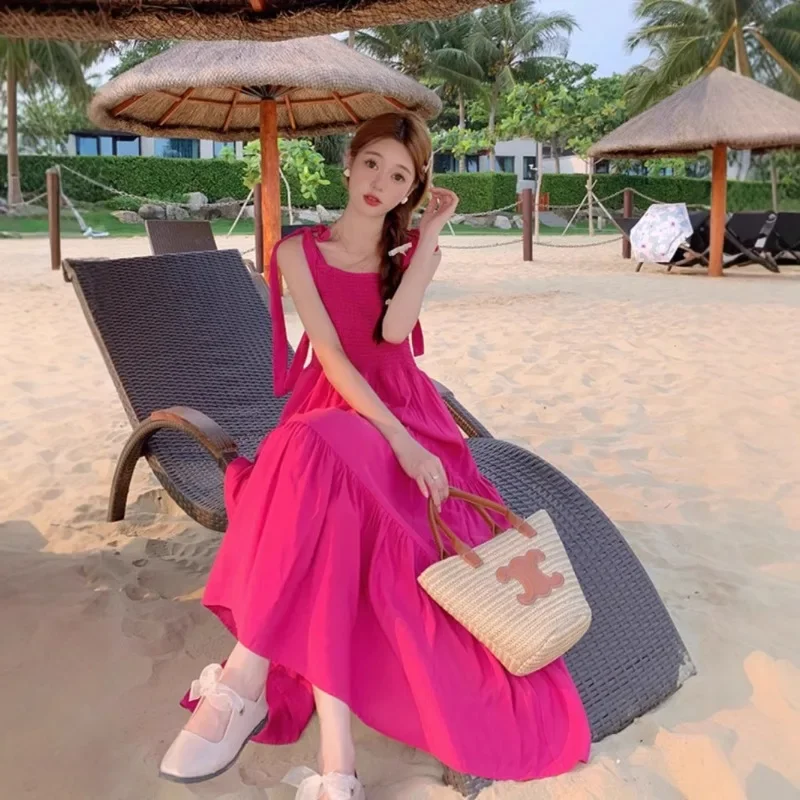Vestido de tirantes con hombros descubiertos para vacaciones en la playa, minivestido de Color rojo para mujer, falda elegante informal sin mangas para vacaciones