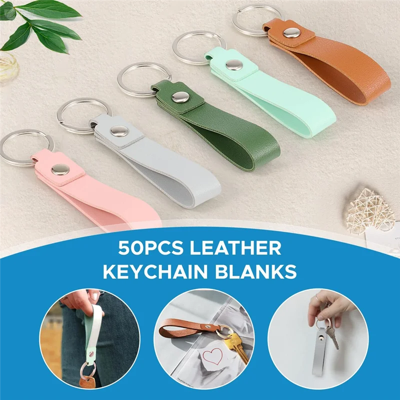 ABUP-50Pcs PU Leather Key Fob Kit, Keychain Blanks With Rives And Key Rings, Rectangle Leather Key Chain Bulk For DIY Craft