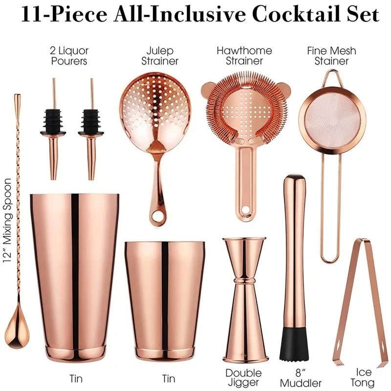 Custom Luxury 11-Piece Stainless Steel Bartender Kit Boston Cocktail Shaker Set 750ml/600ml Capacity Bar Tools Accessories Gift