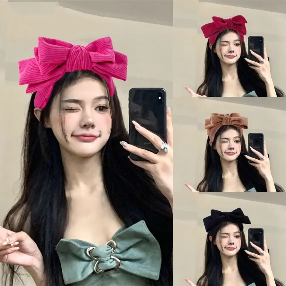 

Elegant Corduroy Bowtie Headband Large Solid Color Bowtie Hair Hoop Headwear Korean Style Wash Face Hairband Ladies