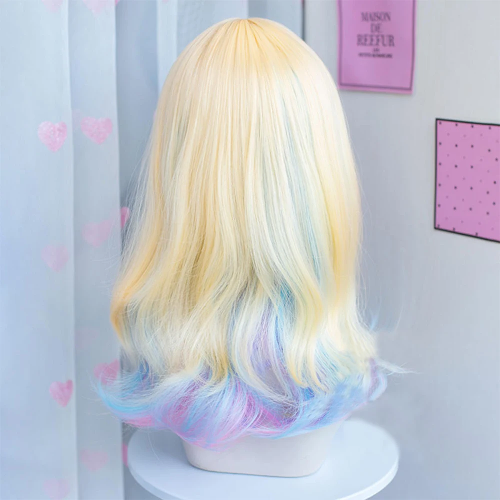 GAKA Rainbow Blonde Mixed Long Wavy Wigs with Bangs Synthetic Lolita Cosplay Women Nature Hair Wig for Daily Party