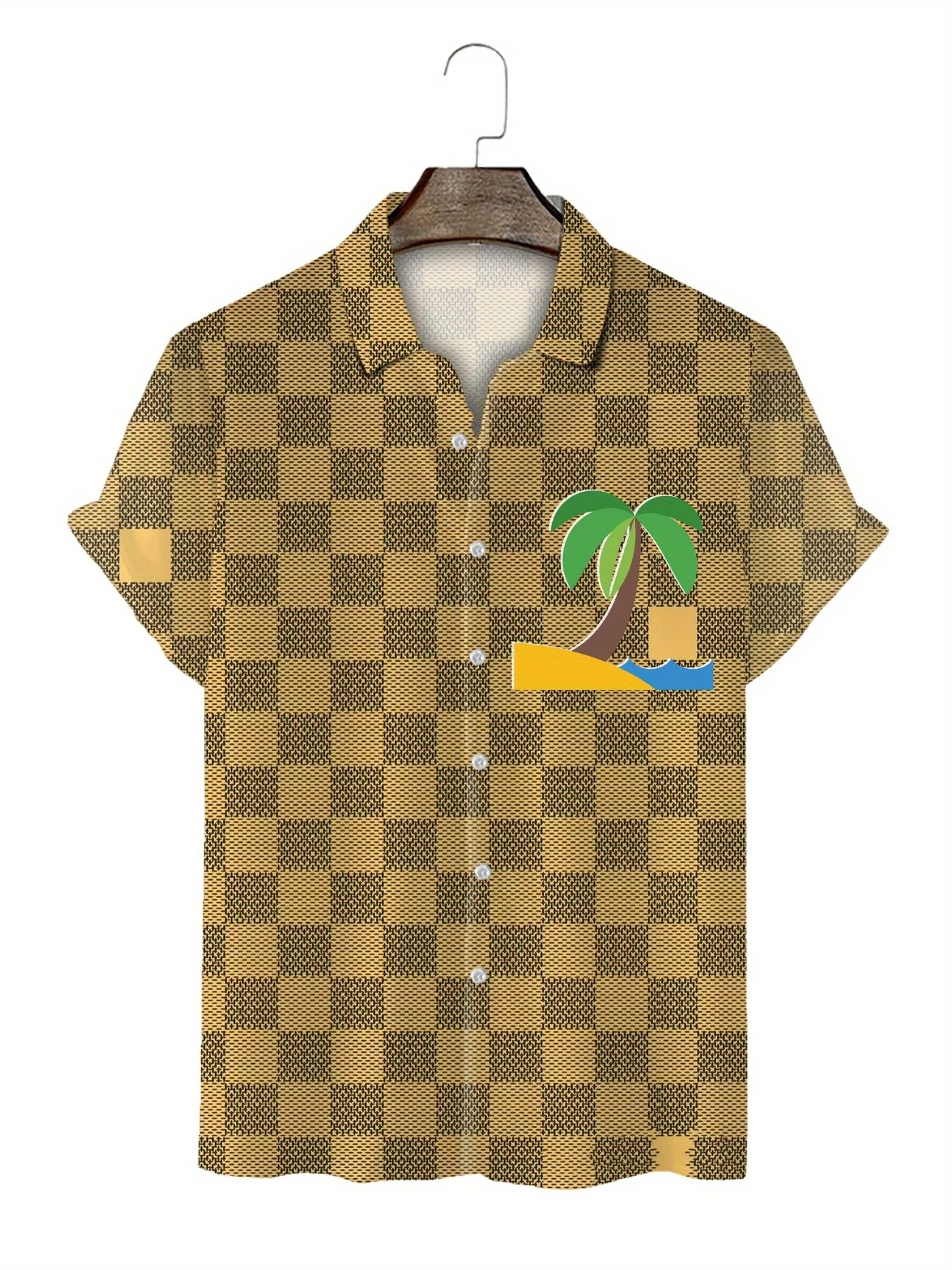 

Men's Lightweight Hawaiian Shirt With 3D Tropical Print - Mustard Yellow & Black Checkered Pattern, Regular FitShirt For Summer