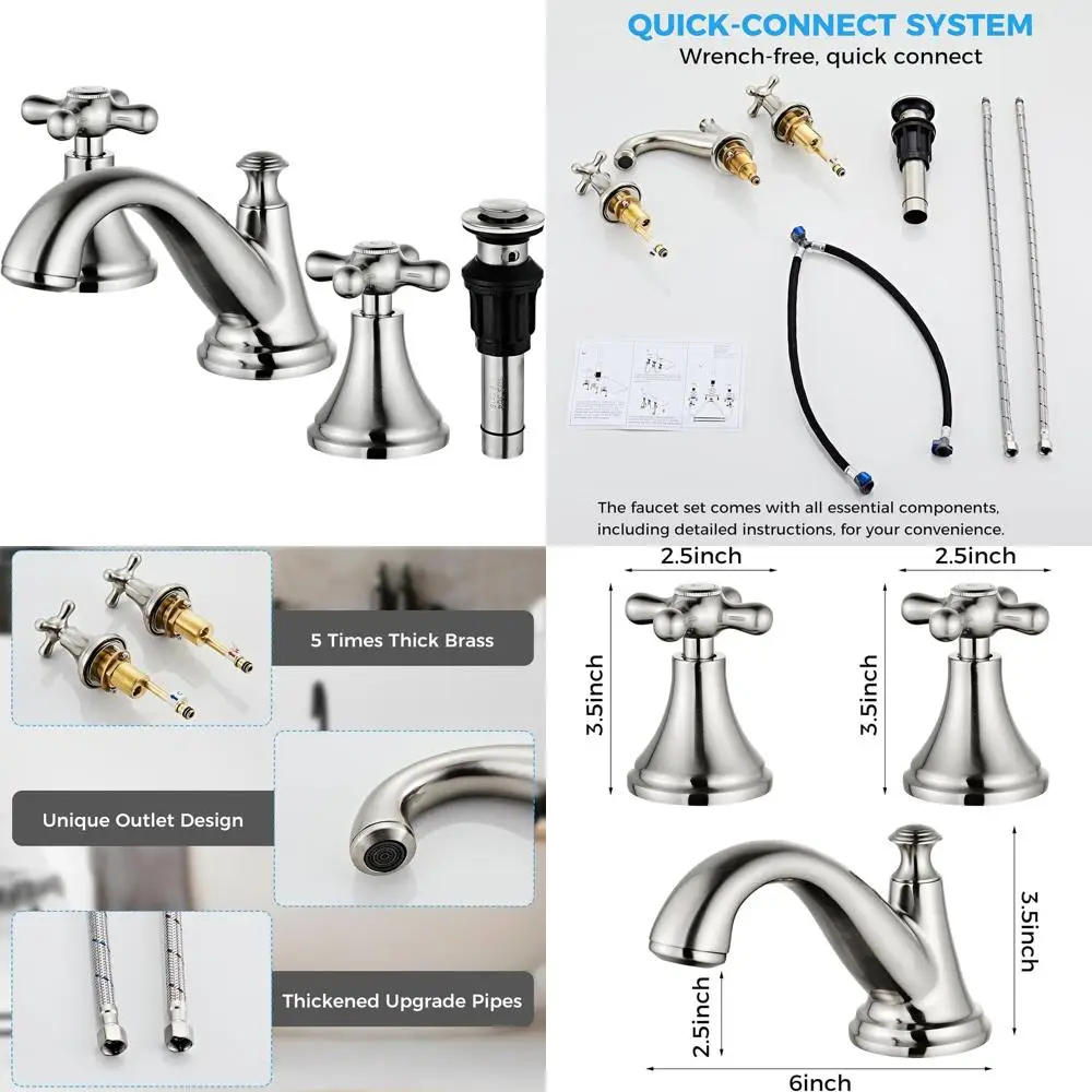 

Brushed Nickel Vintage 3-Hole Bathroom Faucet with Drain, Solid Brass, Drip-Free, Adjustable 8-16 Install