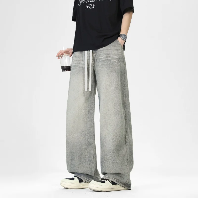 American Style Men's Denim Pants Washing Fashion Loose Men's Straight Trousers Casual Wide Leg Jeans New Summer
