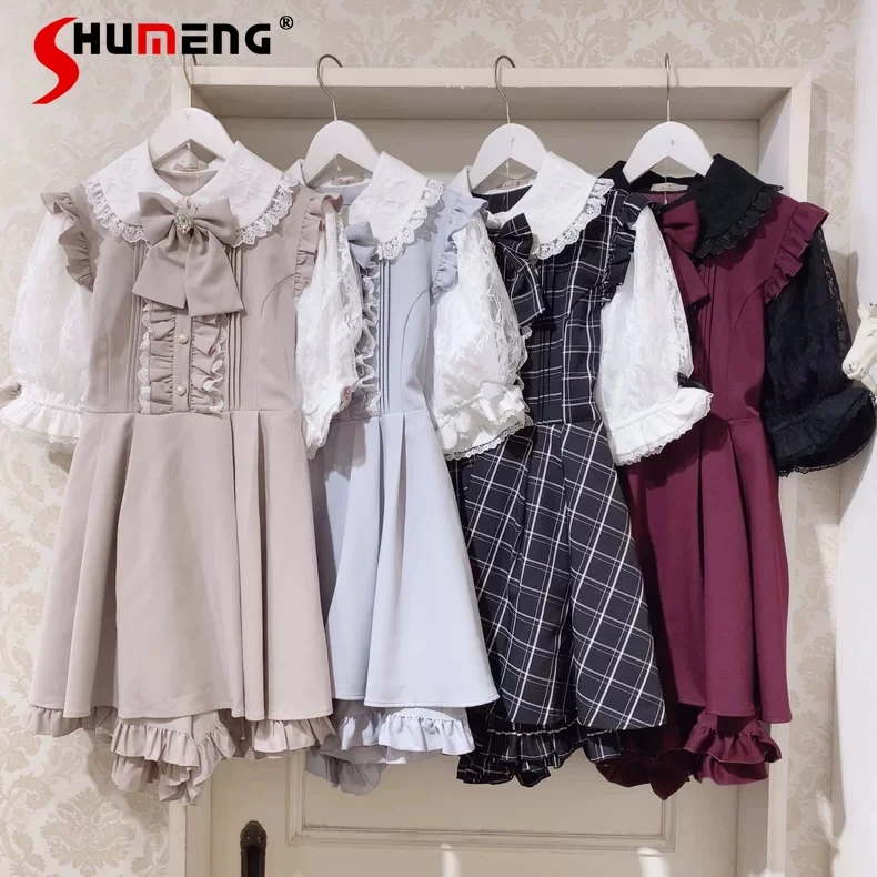 

Japanese Mine Style Mass-produced Doll Collar Diamond Bow Lace Short Sleeve Dress Elastic High Waist Shorts Two-piece Set Women