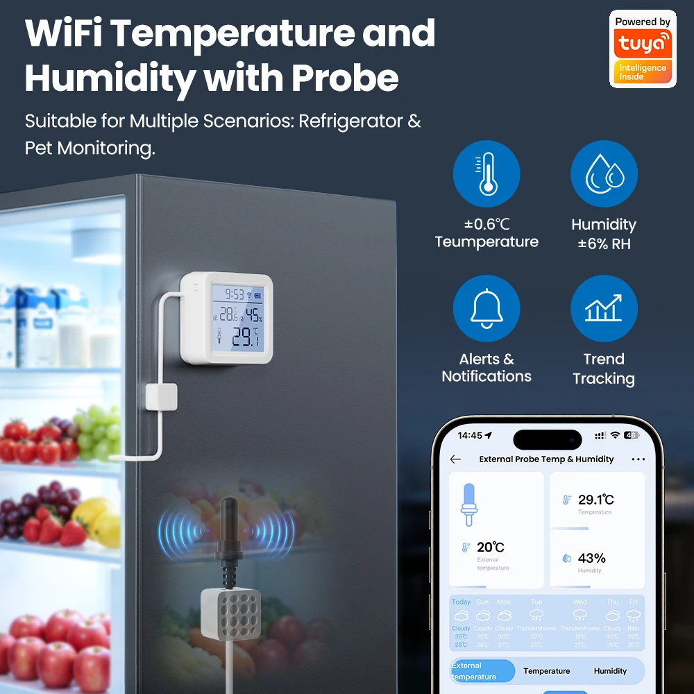 SMATRUL Tuya Smart Home WiFi Temperature and Humidity Sensor with External Wired Probe App Remote Monitoring Suitable for Refrig