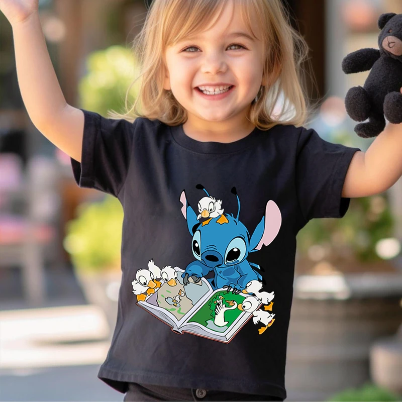 

Stitch Printed Kids T-shirt Summer Children's Cotton Short Sleeve Black Casual Top Suitable for Boys and Girls