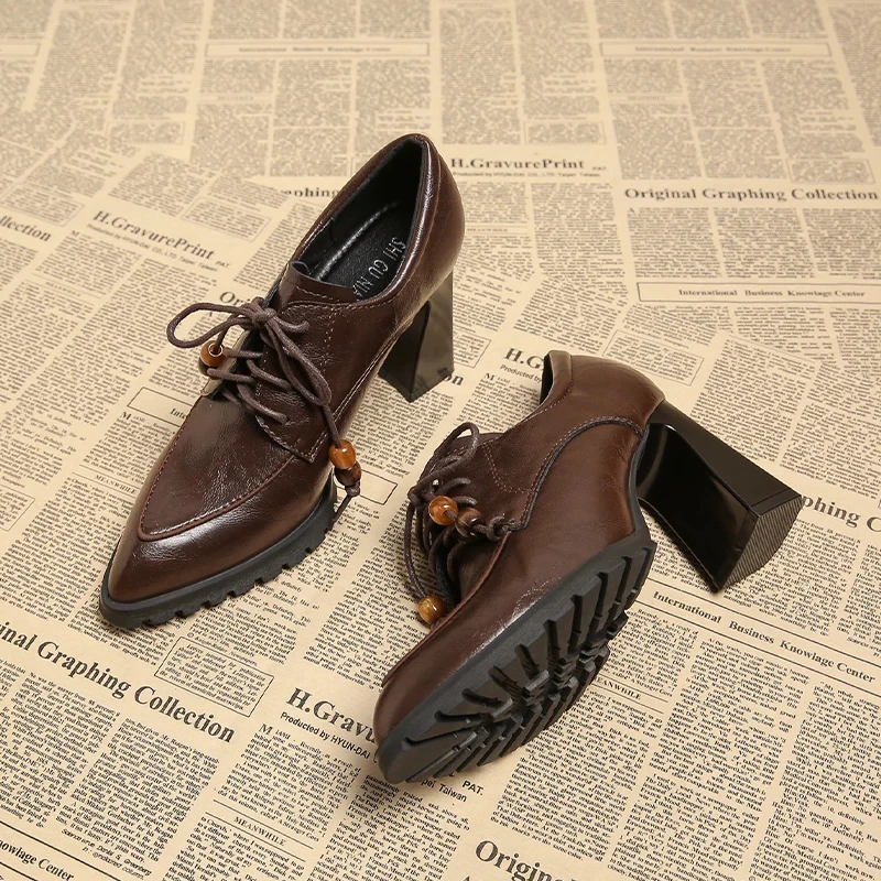 

Новые женские туфли-лодочки с острым носком на высоком каблуке, брендовые офисные туфли на шнуровке, весна 2026, с бисером, на массивной подошве, кожаные туфли Mujer Zapatos