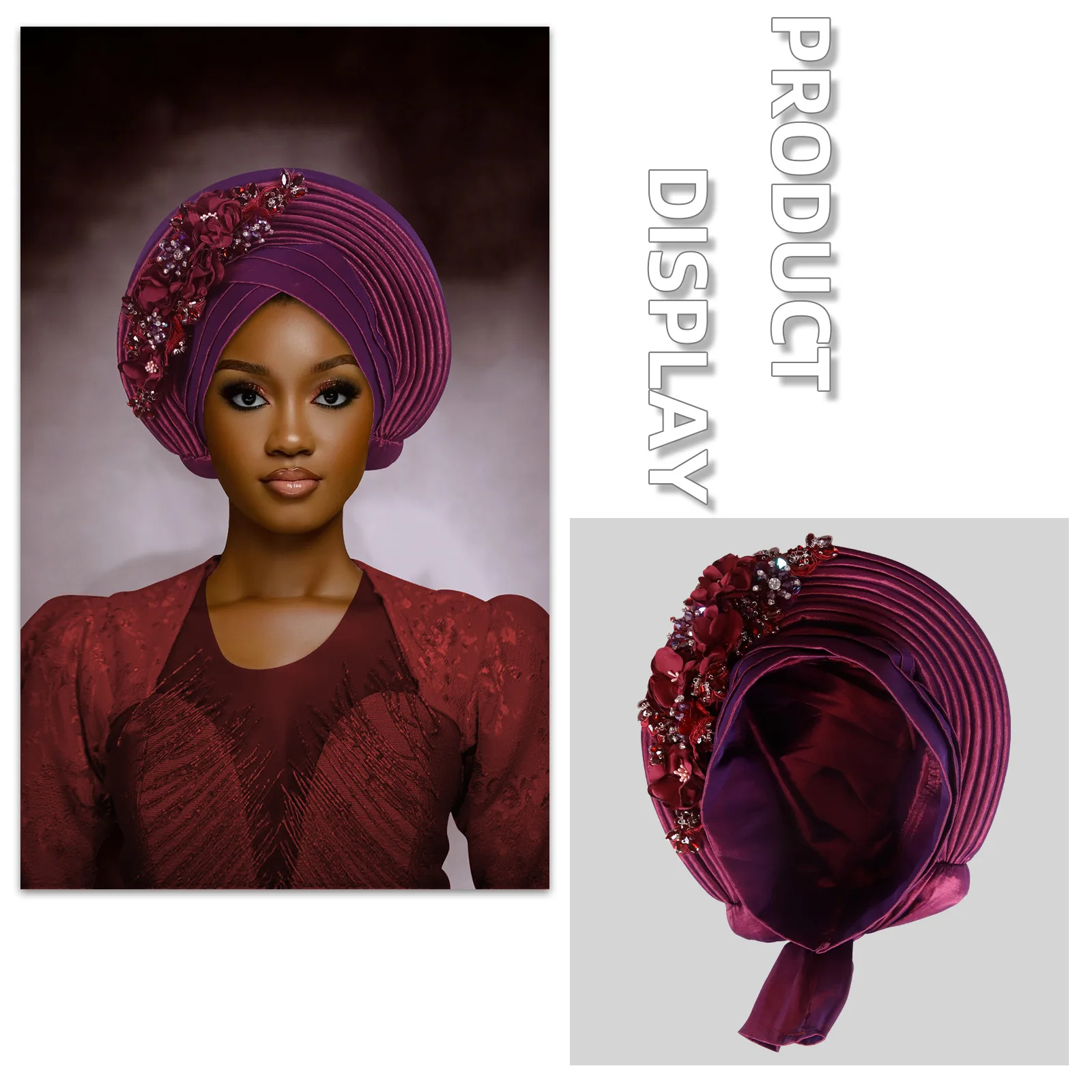 

wedding Red Multi-Layered Turban Hat African Fan Shaped Head Wraps Pleated Headwear With Crystal Nigeria Headtie Auto Gele Cap