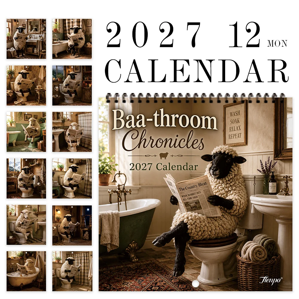 1pc 2027 Toilet-Reading Sheep Wall Calendar,12‑Month Planner,Gift For Back‑to‑School,Christmas,New Year,Free Stickers Included
