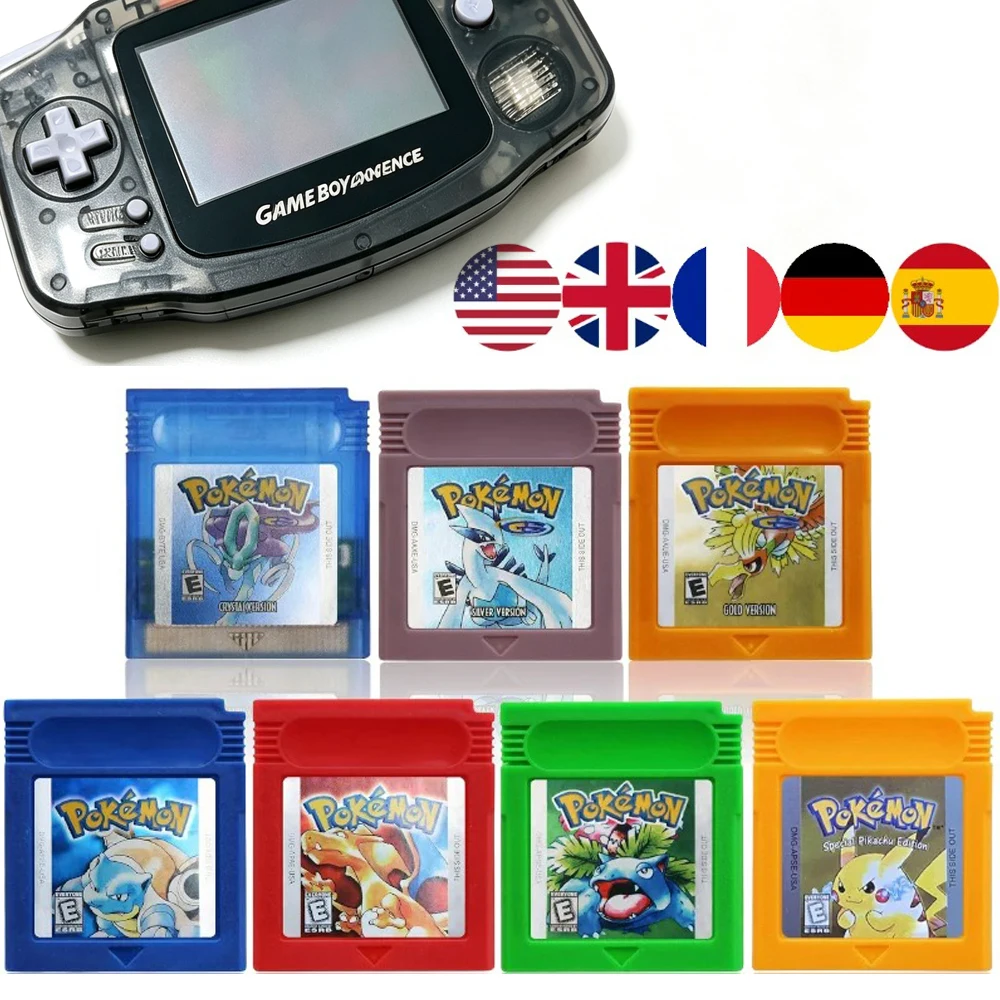 USA ESP FRA GBC Pokemon Cartridge Bundle Red/Blue/Crystal/Gold/Silver/Yellow/Green Multilingual Card Pokemon Game Card