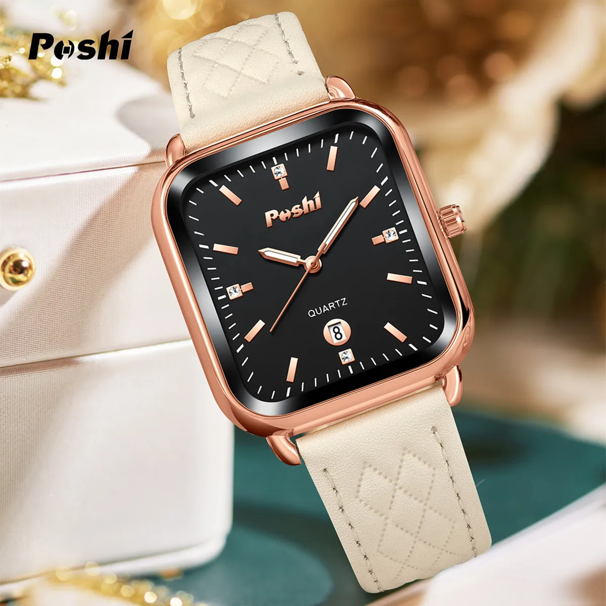 POSHI Fashion Quartz Watch for Women Luxury Soft Leather Strap Women\'s Wristwatch Calendar Simple Dial Original Clock