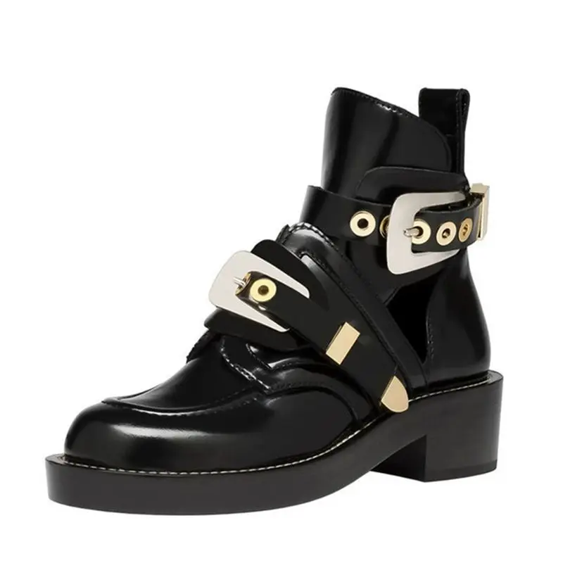 White  Cutout buckle boot black Black ankle boots brand Casual shoes women motorcycle boots riding gladiator bootie flat