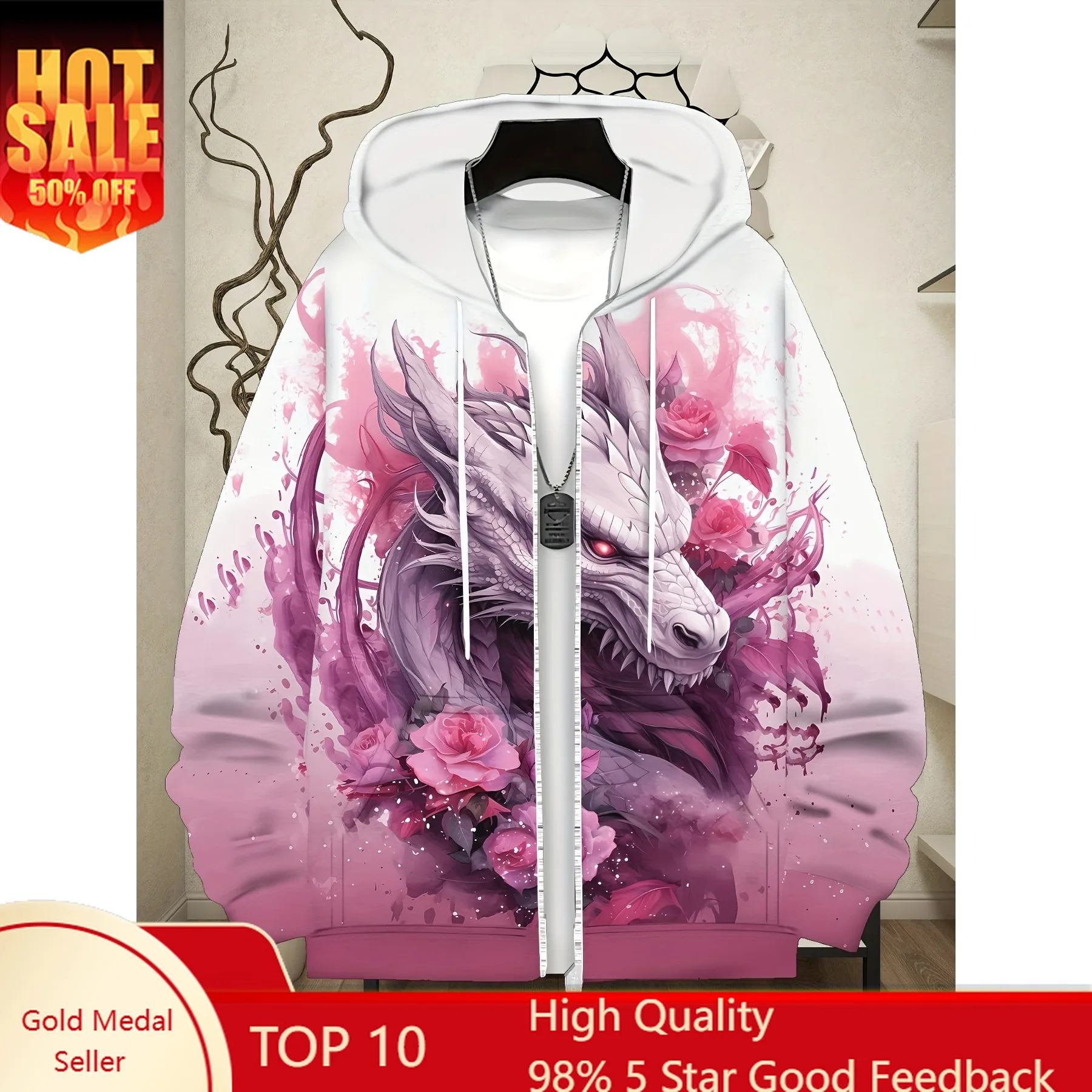 [Giacca con cappuccio floreale con cerniera] Giacca con cappuccio con zip da uomo - Motivo floreale di ispirazione asiatica, Transizione di colore bianco/rosa/rosso, lunga