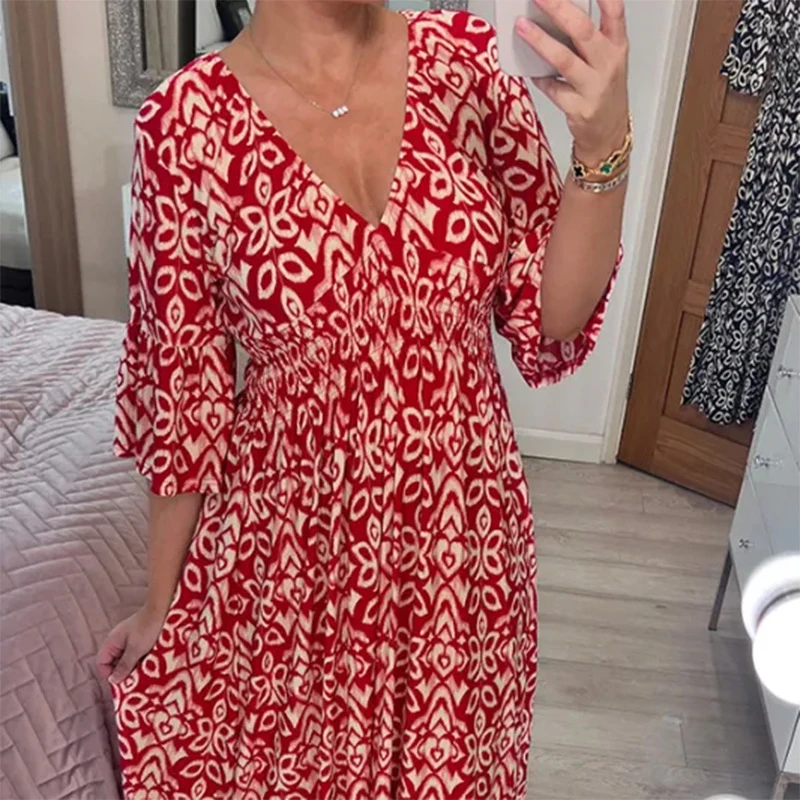 

Summer Women's Casual Floral Dress Fashion V-neck Five-point Sleeve Waist Long Dress Seaside Holiday Beach Party Sundress