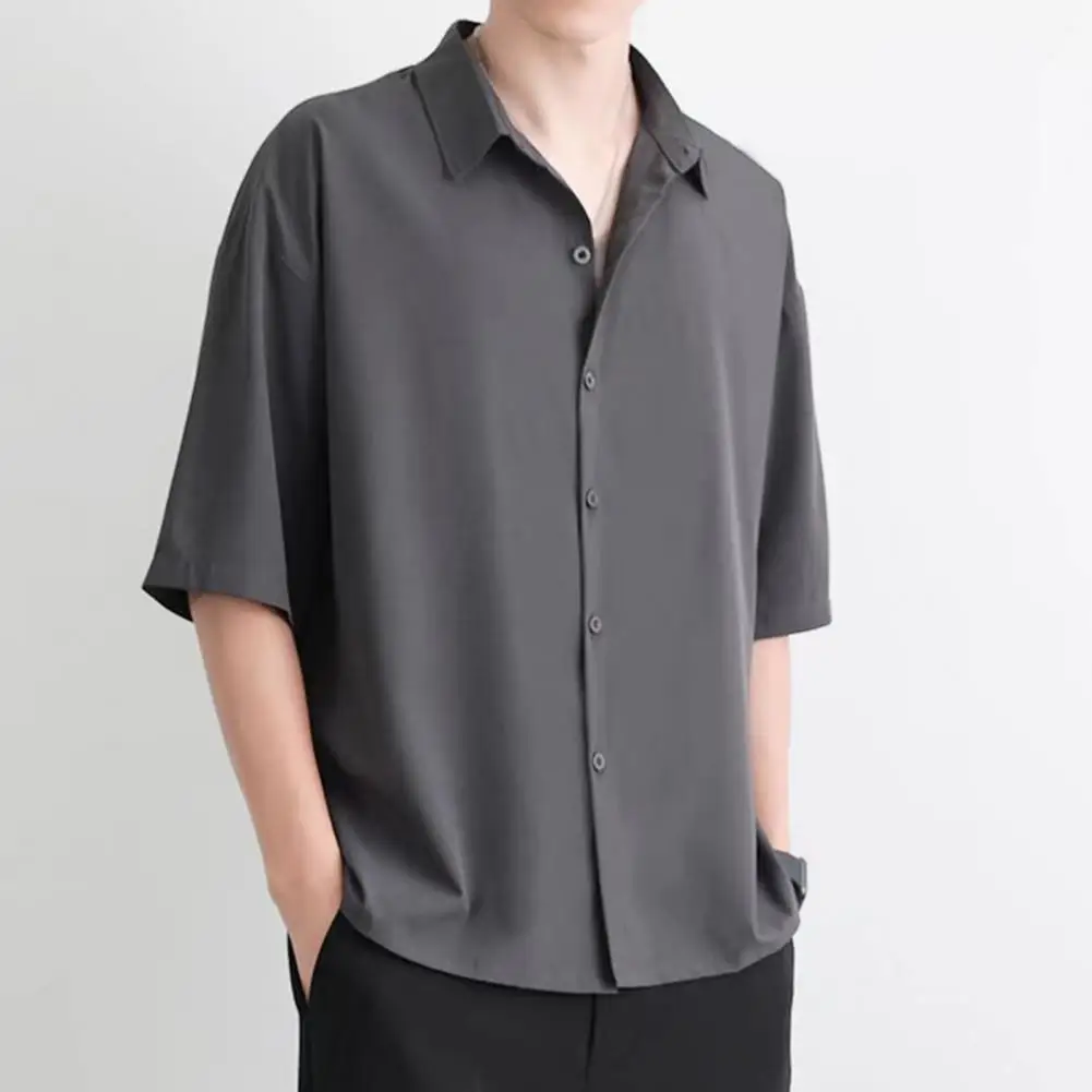 Camisa informal transpirable para hombre, camisa de verano de Color sólido con cuello vuelto, diseño de un solo pecho, comodidad informal