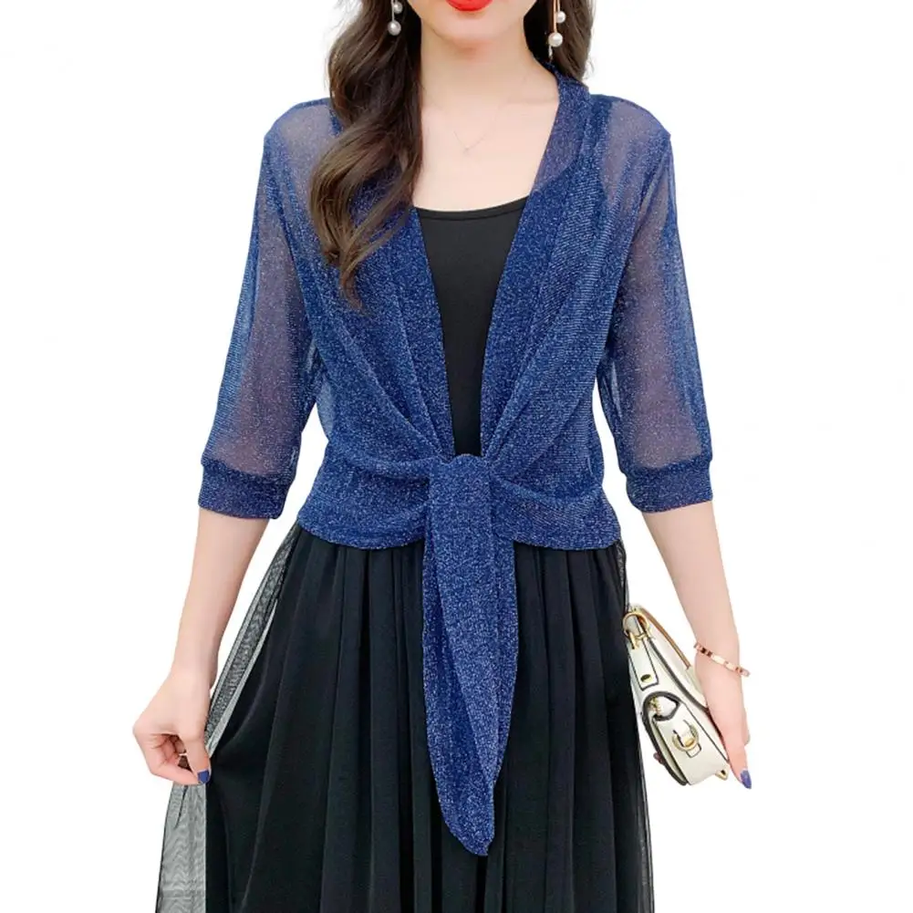 سترة نسائية من الدانتيل اللامع ، نصف كم ، سترة قصيرة خفيفة الوزن ، شال شفاف ، بلوزة فضفاضة ، معطف واقي من الشمس ، الصيف